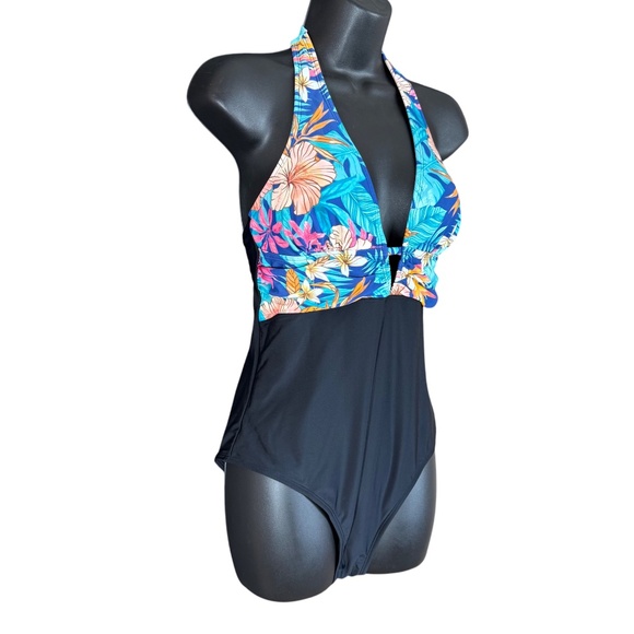 NWT Cupshe Blue Tropical Floral & Black Halter Top One Piece Swimsuit Size M - Picture 5 of 13